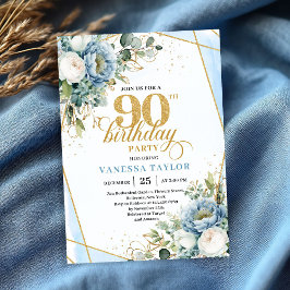 Dusty blue gold botanicals frame 90th birthday einladung