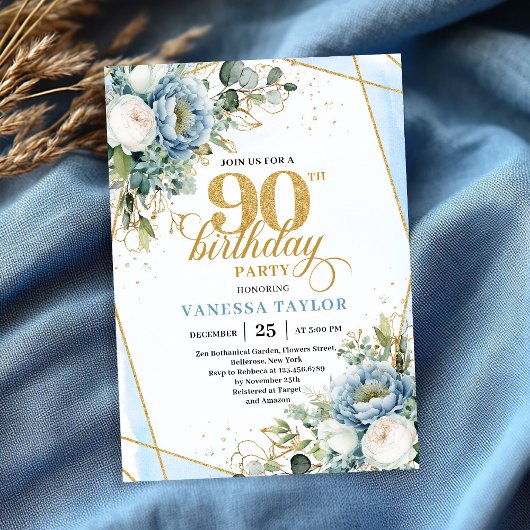 Dusty blue gold botanicals frame 90th birthday einladung