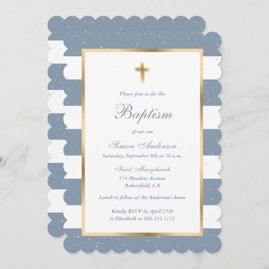 Dusty Blue Gold Cross Stars Streifen Taufe Einladung (Vorne/Hinten)