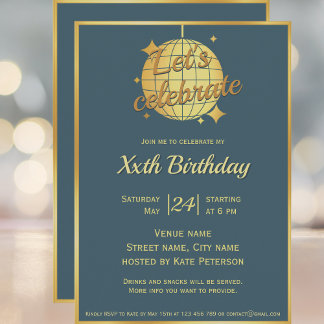 Dusty Blue Gold Disco Ball Geburtstagsparty Einladung