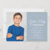Dusty Blue Gold Dust First Holy Communion Foto Einladung (Vorderseite)