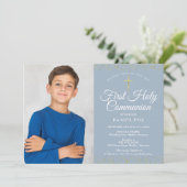 Dusty Blue Gold Dust First Holy Communion Foto Einladung (Stehend Vorderseite)