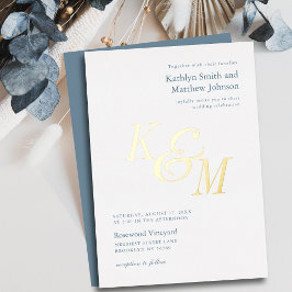 Dusty Blue Gold Elegant Classic Monogram Wedding Folieneinladung