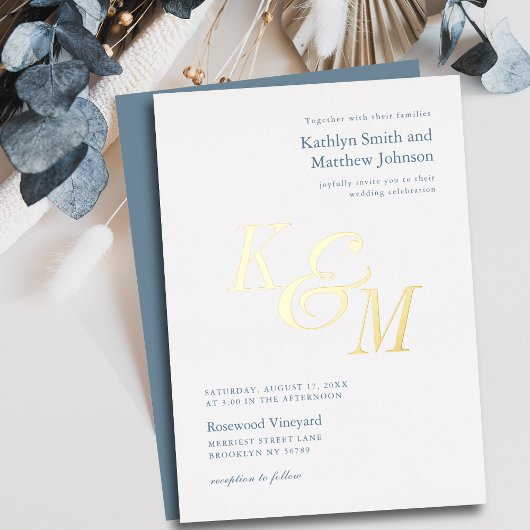 Dusty Blue Gold Elegant Classic Monogram Wedding Folieneinladung