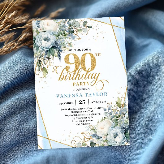 Dusty blue gold elegant florals 90th birthday card einladung