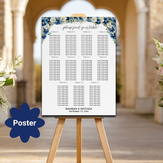 Dusty Blue Gold Floral 11 Tische Hochzeitssitze Poster