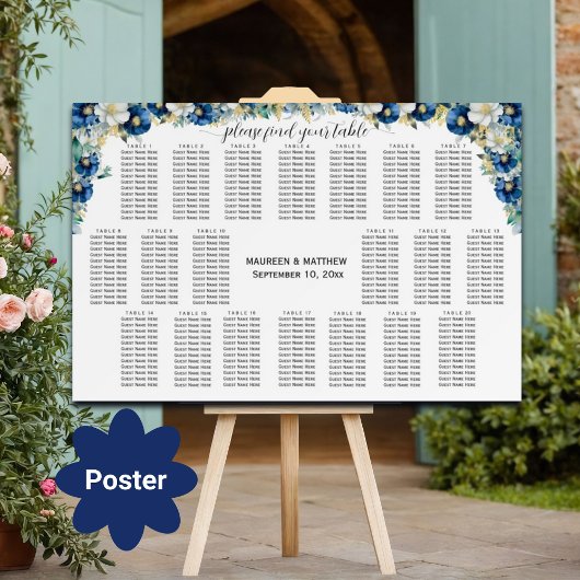 Dusty Blue Gold Floral 20 Tische Hochzeitssitze Poster