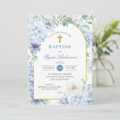 Dusty Blue Gold Floral Baptism Einladung (Stehend Vorderseite)