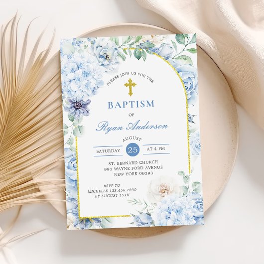 Dusty Blue Gold Floral Baptism Einladung