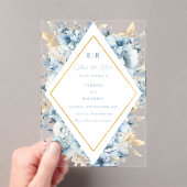 Dusty Blue Gold Floral Bloom bei einer Hochzeit Acryleinladungen (Insitu (Handheld))
