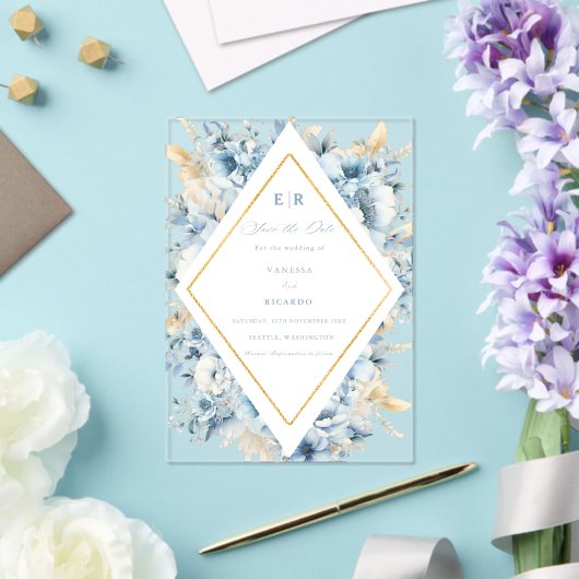 Dusty Blue Gold Floral Bloom bei einer Hochzeit Acryleinladungen (In Situ (Hochzeit))