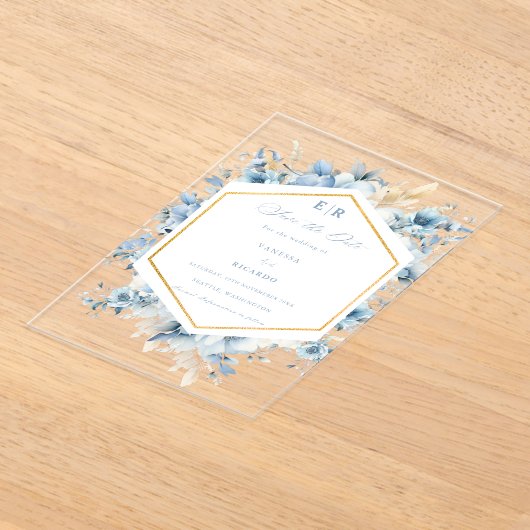Dusty Blue Gold Floral Bloom bei einer Hochzeit Acryleinladungen (Ablage )