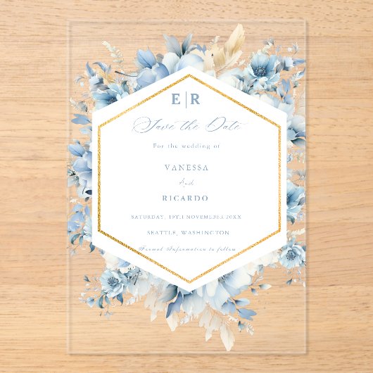 Dusty Blue Gold Floral Bloom bei einer Hochzeit Acryleinladungen (Vorderseite)