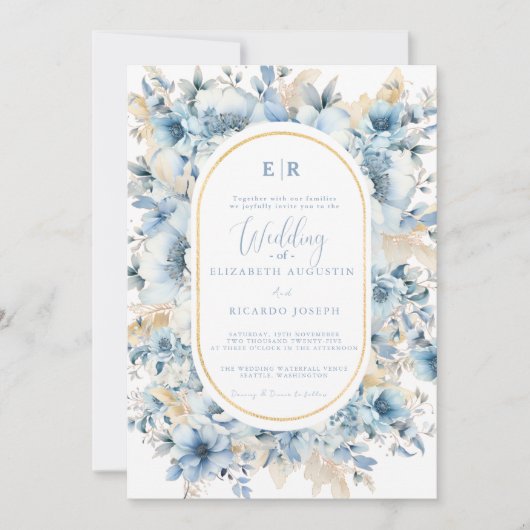 Dusty Blue Gold Floral Bloom bei einer Hochzeit Einladung (Vorderseite)