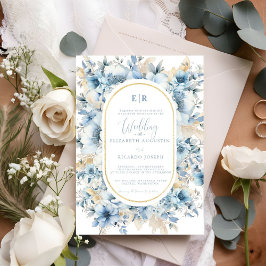 Dusty Blue Gold Floral Bloom bei einer Hochzeit Einladung