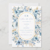 Dusty Blue Gold Floral Bloom bei einer Hochzeit Save The Date (Vorderseite)