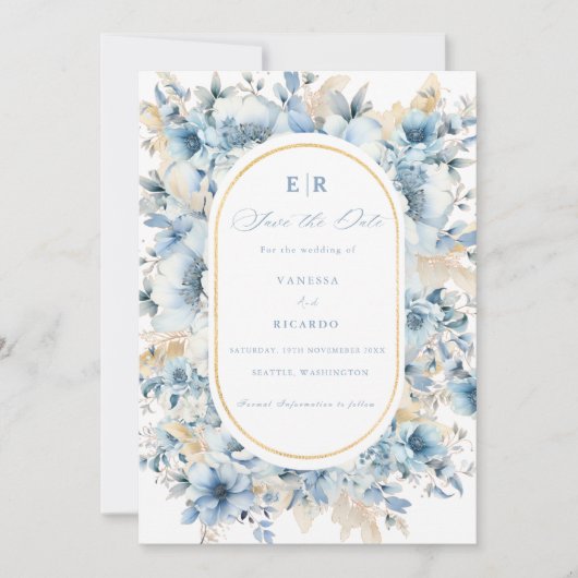Dusty Blue Gold Floral Bloom bei einer Hochzeit Save The Date (Vorderseite)