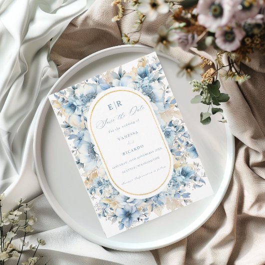 Dusty Blue Gold Floral Bloom bei einer Hochzeit Save The Date