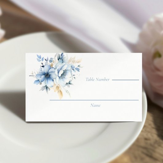 Dusty Blue Gold Floral Bloom Wedding Platzkarte