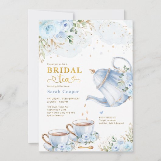 Dusty Blue Gold Floral Brautparty Teezeremonie Par Einladung (Vorderseite)