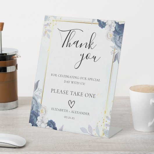 Dusty Blue Gold Floral Gastgeschenke Hochzeiten Sockelschild (In SItu)