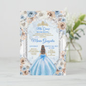 Dusty Blue & Gold Floral Mis XV Anos Einladung (Stehend Vorderseite)