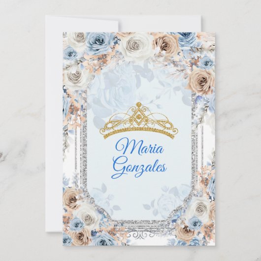 Dusty Blue & Gold Floral Mis XV Anos Einladung (Rückseite)