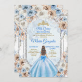 Dusty Blue & Gold Floral Mis XV Anos Einladung (Vorne/Hinten)