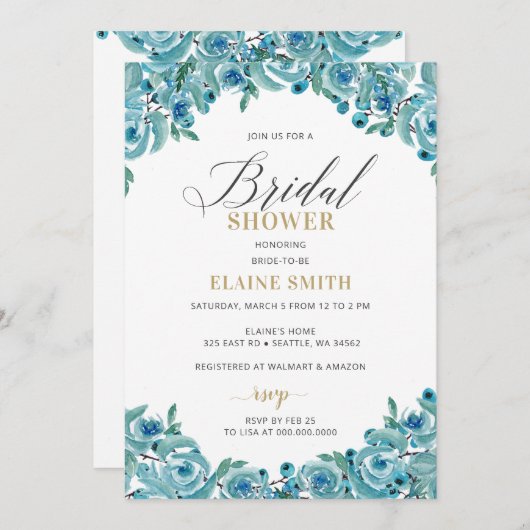 Dusty Blue Gold Floral Modernes Brautparty Einladung (Vorne/Hinten)