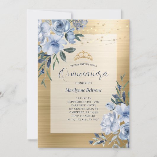 Dusty Blue Gold Floral Quinceañera Einladung (Vorderseite)