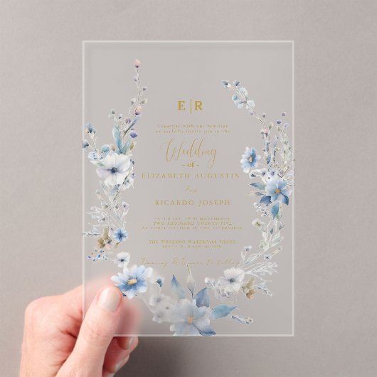 Dusty Blue Gold Floral Spring Bloom Wedding Acryleinladungen (Insitu (Handheld))