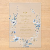 Dusty Blue Gold Floral Spring Bloom Wedding Acryleinladungen (Vorderseite)