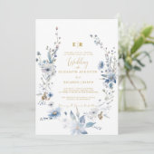 Dusty Blue Gold Floral Spring Bloom Wedding Einladung (Stehend Vorderseite)