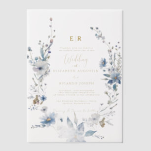 Dusty Blue Gold Floral Spring Bloom Wedding Pergament Einladungen