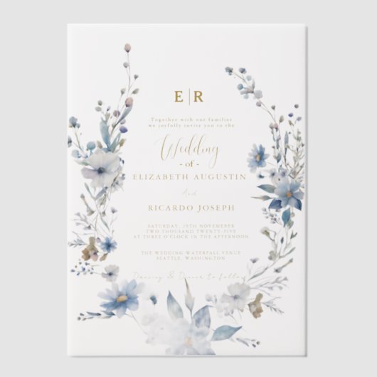 Dusty Blue Gold Floral Spring Bloom Wedding Pergament Einladungen (Vorderseite)