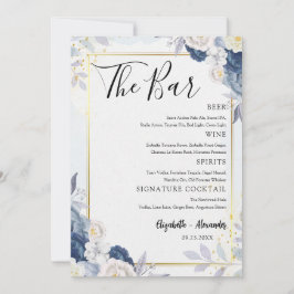 Dusty Blue Gold Floral Wedding Bar Menu Card Einladung