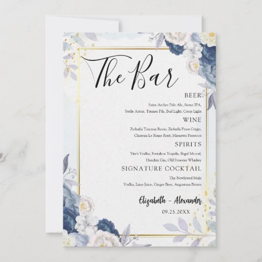 Dusty Blue Gold Floral Wedding Bar Menu Card Einladung (Vorderseite)