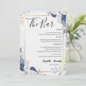 Dusty Blue Gold Floral Wedding Bar Menu Card Einladung (Stehend Vorderseite)