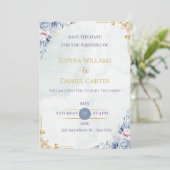 Dusty Blue Gold Floral Wedding Invitation Template (Stehend Vorderseite)