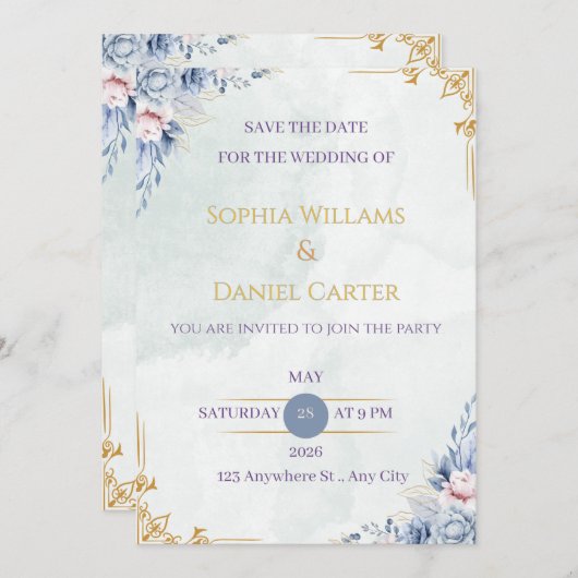 Dusty Blue Gold Floral Wedding Invitation Template (Vorne/Hinten)
