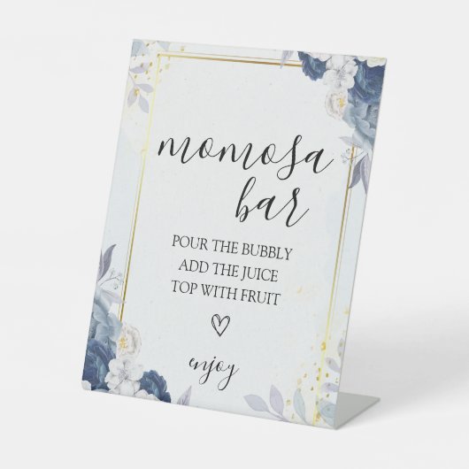 Dusty Blue Gold Floral Wedding Momosa Bar Sign Sockelschild (Vorderseite)