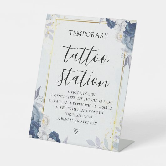 Dusty Blue Gold Floral Wedding Tattoo Sign Sockelschild (Vorderseite)