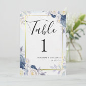 Dusty Blue Gold Floral Wedding Tischnummern Card (Stehend Vorderseite)