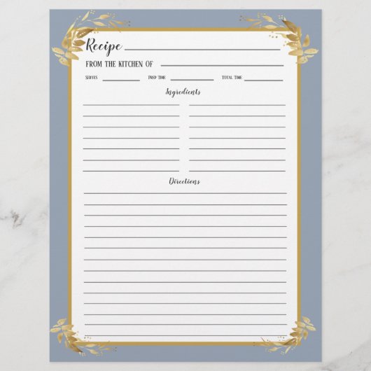 Dusty Blue Gold Foliage Recipe Binder Page (Vorderseite)