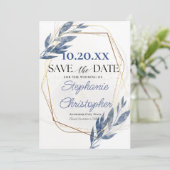 Dusty Blue Gold Frame Eukalyptus Save the Date Einladung (Stehend Vorderseite)