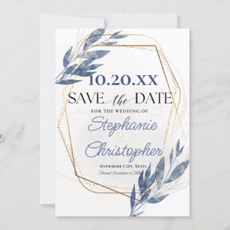 Dusty Blue Gold Frame Eukalyptus Save the Date Einladung