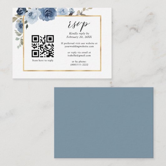 Dusty Blue Gold Frame Floral QR Code Wedding RSVP Begleitkarte (Vorne/Hinten)