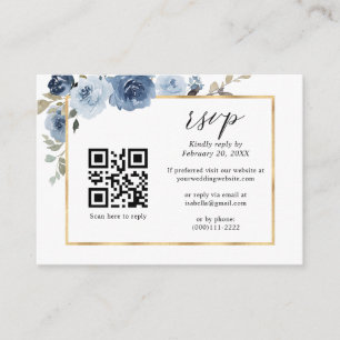 Dusty Blue Gold Frame Floral QR Code Wedding RSVP Begleitkarte