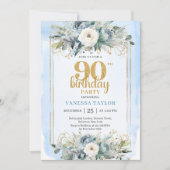 Dusty Blue Gold Frame Modern 90th Birthday Invite Einladung (Vorderseite)