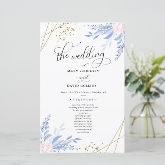 Dusty Blue Gold Geometric Floral Wedding Zeremonie (Stehend Vorderseite)